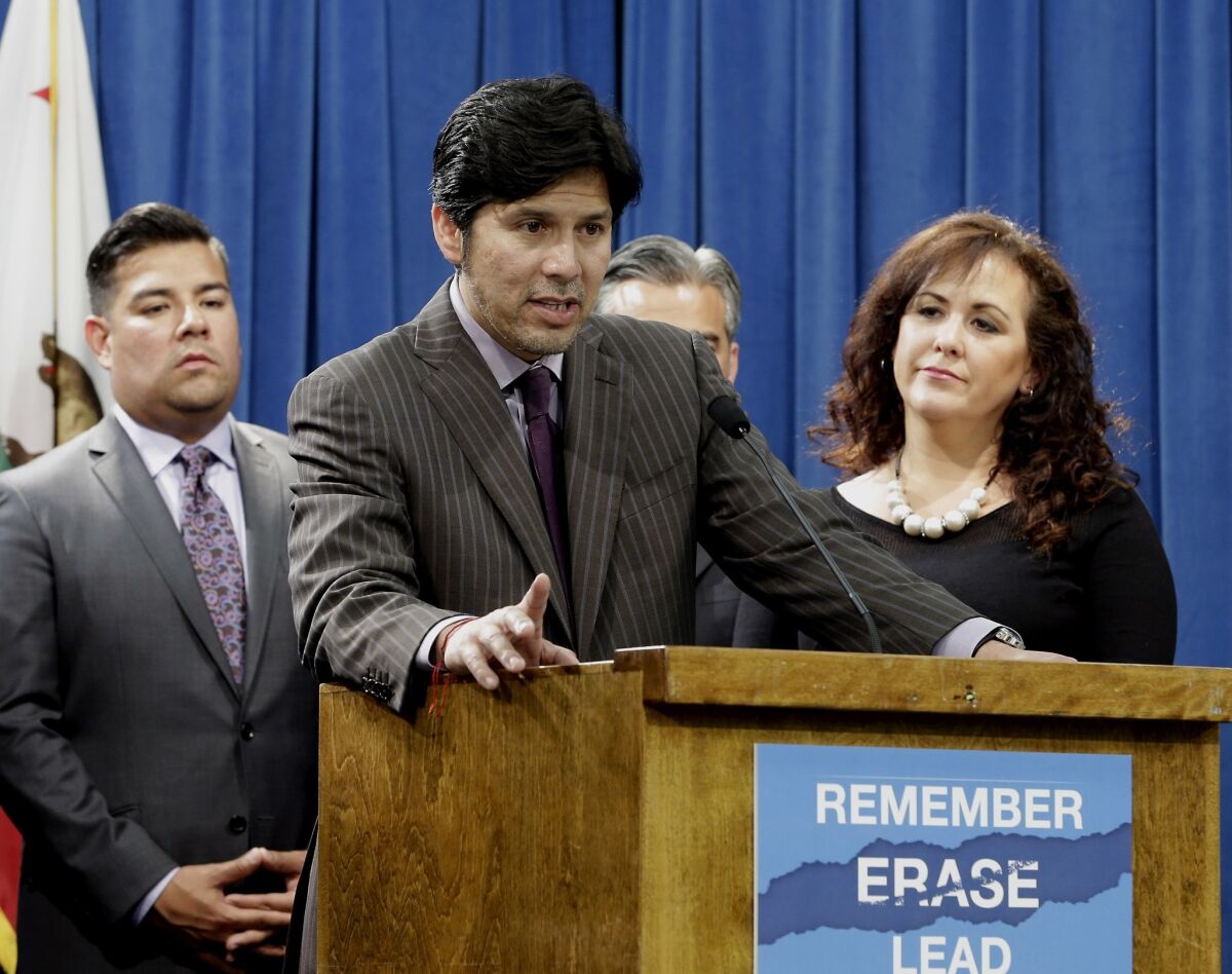 Assemblywoman Lorena Gonzalez said the sick-leave bill "would expand workers rights in a way that is unprecedented in this state or in this nation." Above, Gonzalez with state Sens. Kevin de Leon, center, and Ricardo Lara at a June news conference.