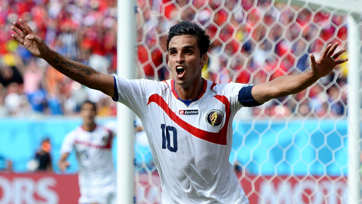 Costa Rica's Bryan Ruiz celebrates after scoring a goal in a World Cup win over Italy on Friday. Costa Rica will look to end group play Tuesday with a victory over England.