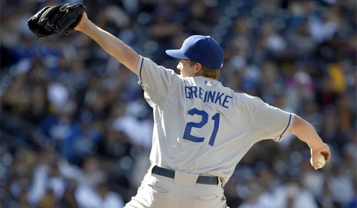 Zack Greinke gave up two runs on two hits while striking out five Padres over five innings in the Dodgers' 3-2 victory Tuesday over San Diego.