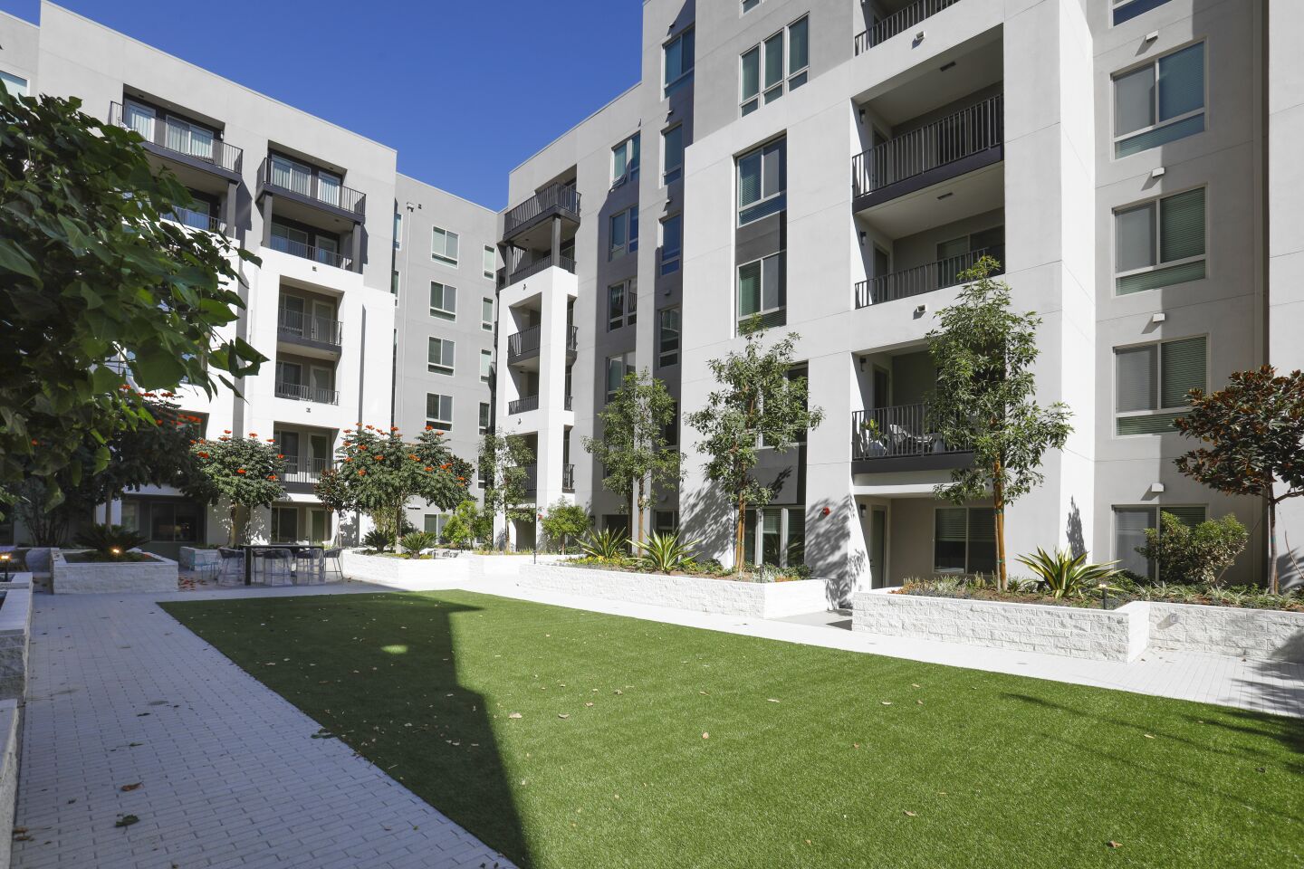 The first courtyard completed at One Paseo, the upscale apartment homes project in Carmel Valley, part of the 23-acre mixed-use project. Photographed October 8, 2019, in San Diego, California.