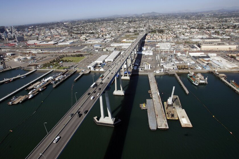 An aerial view of the San Diego Bay shipyards where dredging will take place, located to the right of the Coronado Bridge. U-T file photo.