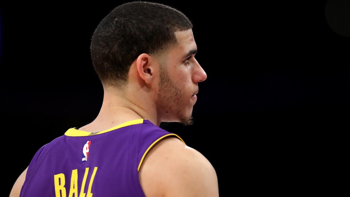 Lakers point guard Lonzo Ball waits for play to resume during the second half of the game against the Trail Blazers on Saturday night.