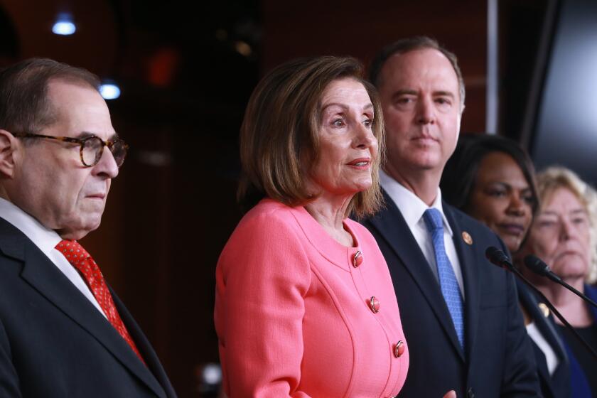 WASHINGTON, DC, JANUARY 15, 2020: Speaker Nancy Pelosi will hold an Ceremony to announce the Impeachmenrt managers for the articles of the impeachment. From left: Jerrold Nadler, Nancy Pelosi, Adam Schiff, Val Demings, Zoe Lofgren (Kirk McKoy / Los Angeles Times)