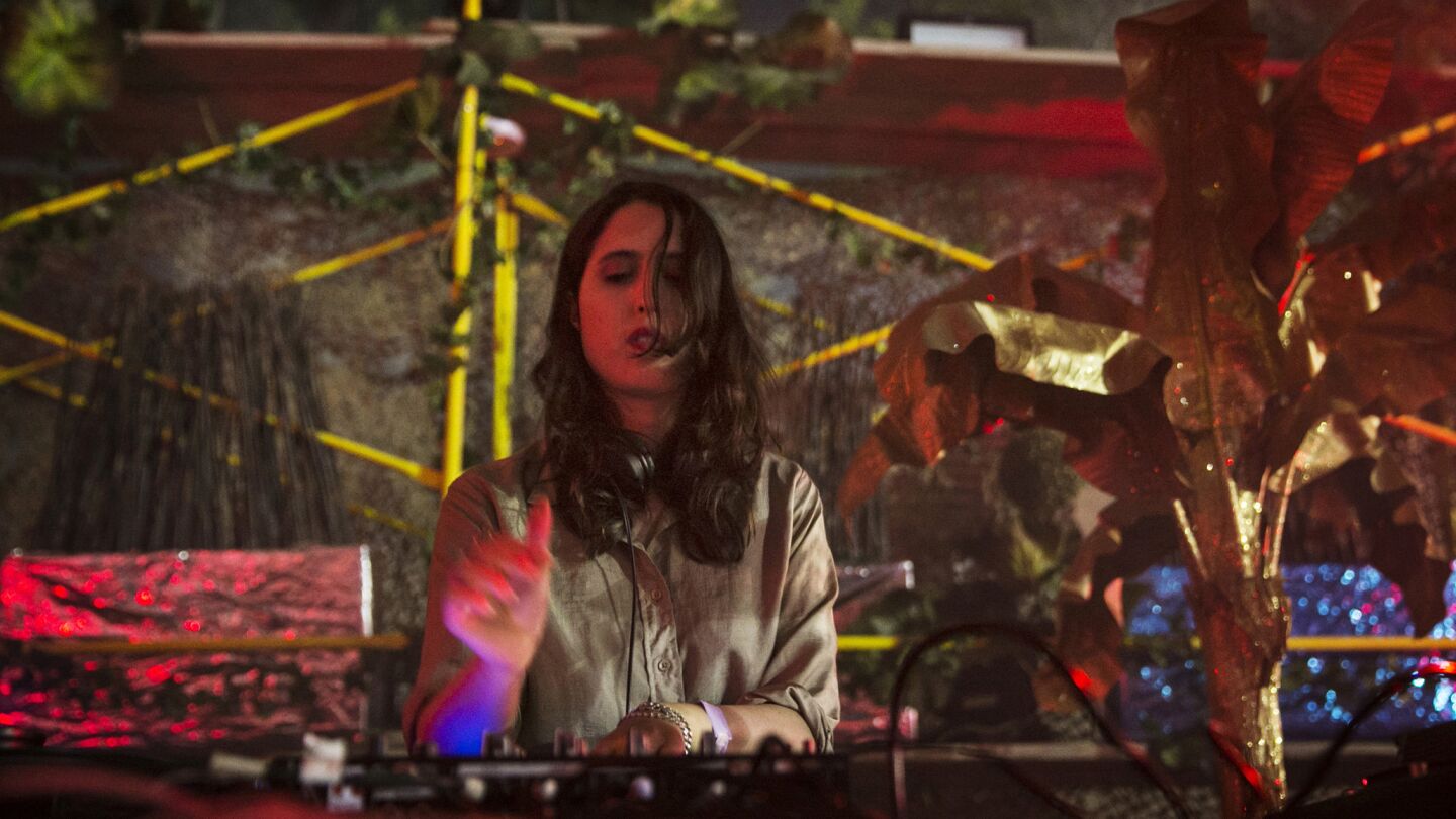 Helena Hauff works the turntable on the Outer Space Stage at FYF Fest at Exposition Park.