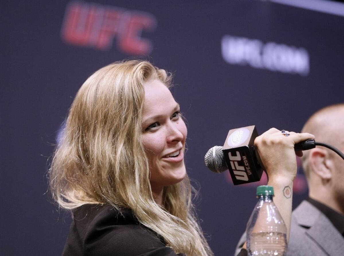 UFC champion Ronda Rousey, shown here at the UFC World Tour 2013 at Club Nokia in Los Angeles on July 30, is preparing to defend her UFC crown versus Miesha Tate.