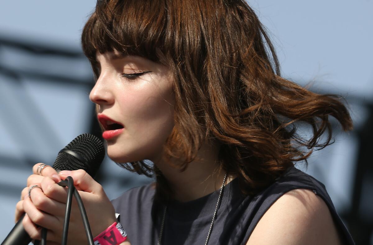 Chvrches lead singer Lauren Mayberry performs on the second day of the Coachella festival in Indio.