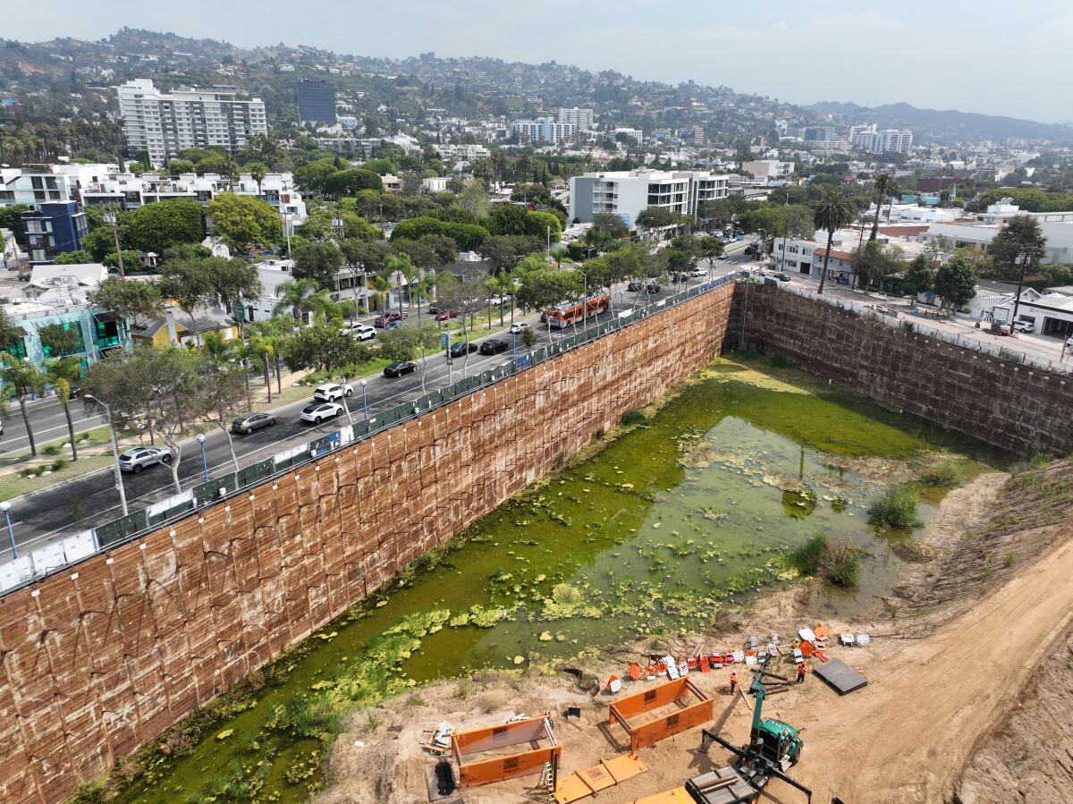 An aerial view of a construction site dubbed "WeHo Lake."