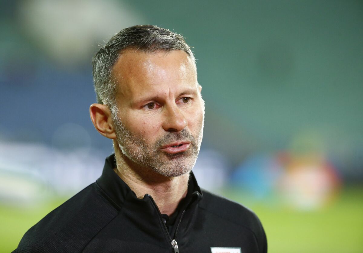 Wales coach Ryan Giggs talks to media prior to the UEFA Nations League soccer match between Bulgaria and Wales at Vassil Levski national stadium in Sofia, Bulgaria, Wednesday, Oct. 14, 2020. (AP Photo/Anton Uzunov)