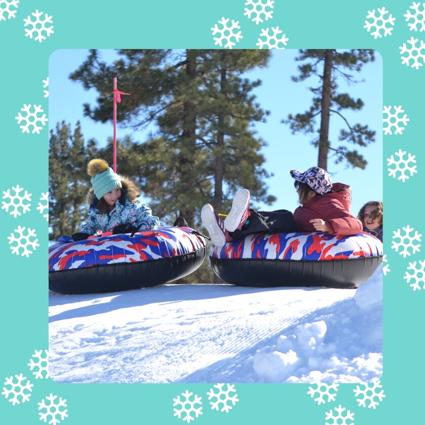 A photo of people seen tubing on a background with snowflakes 