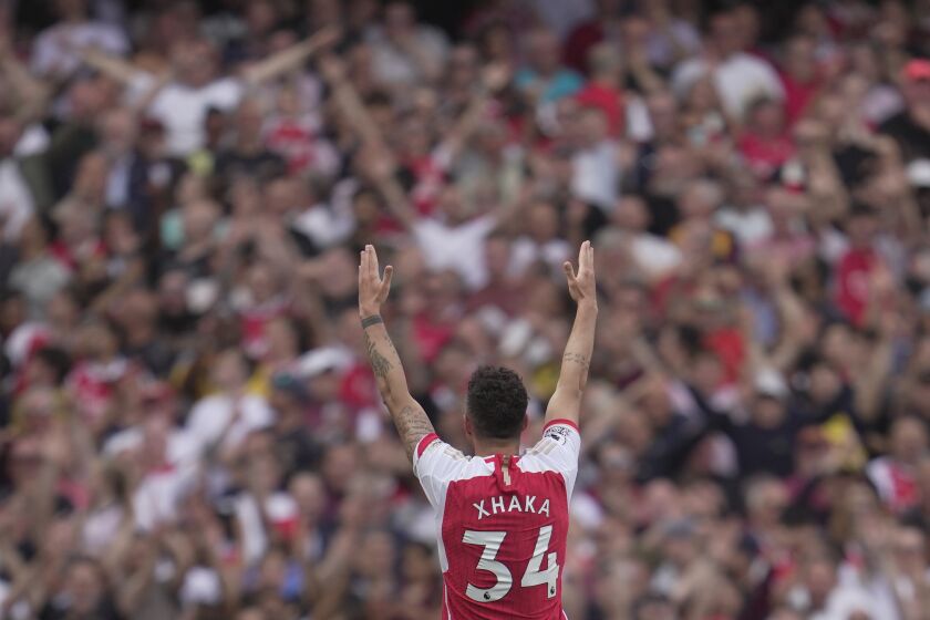 Arsenal's Granit Xhaka celebrates after scoring his side's second goal during the English Premier League soccer match between Arsenal and Wolverhampton Wanderers at the Emirates Stadium in London, Sunday, May 28, 2023. (AP Photo/Kin Cheung)