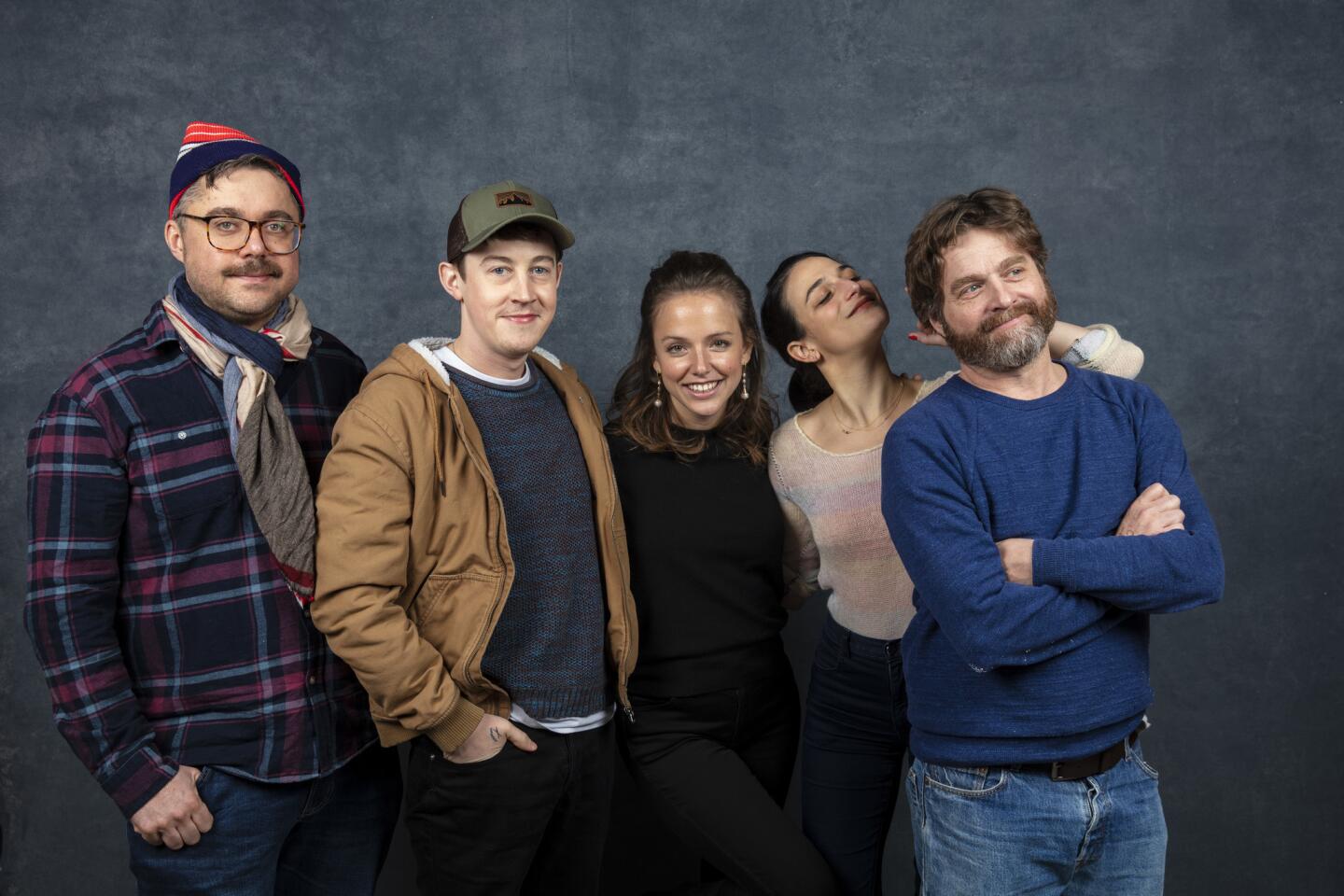 Director David Wnendt, left, actor Alex Sharp, screenwriter Rebecca Dinerstein and actors Jenny Slate and Zach Galifianakis from the film, "The Sunlit Night."