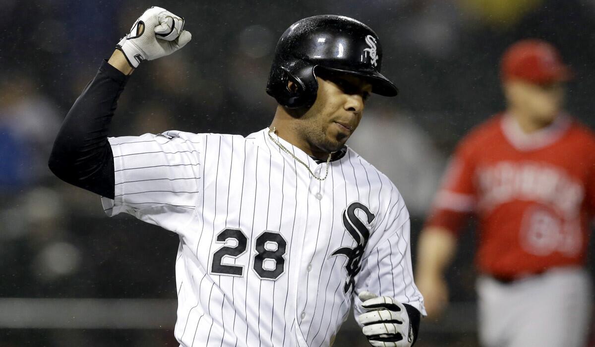 White Sox pinch-hitter Leury Garcia celebrates after hitting the game-winning single against the Angels in the ninth inning Wednesday night in Chicago.