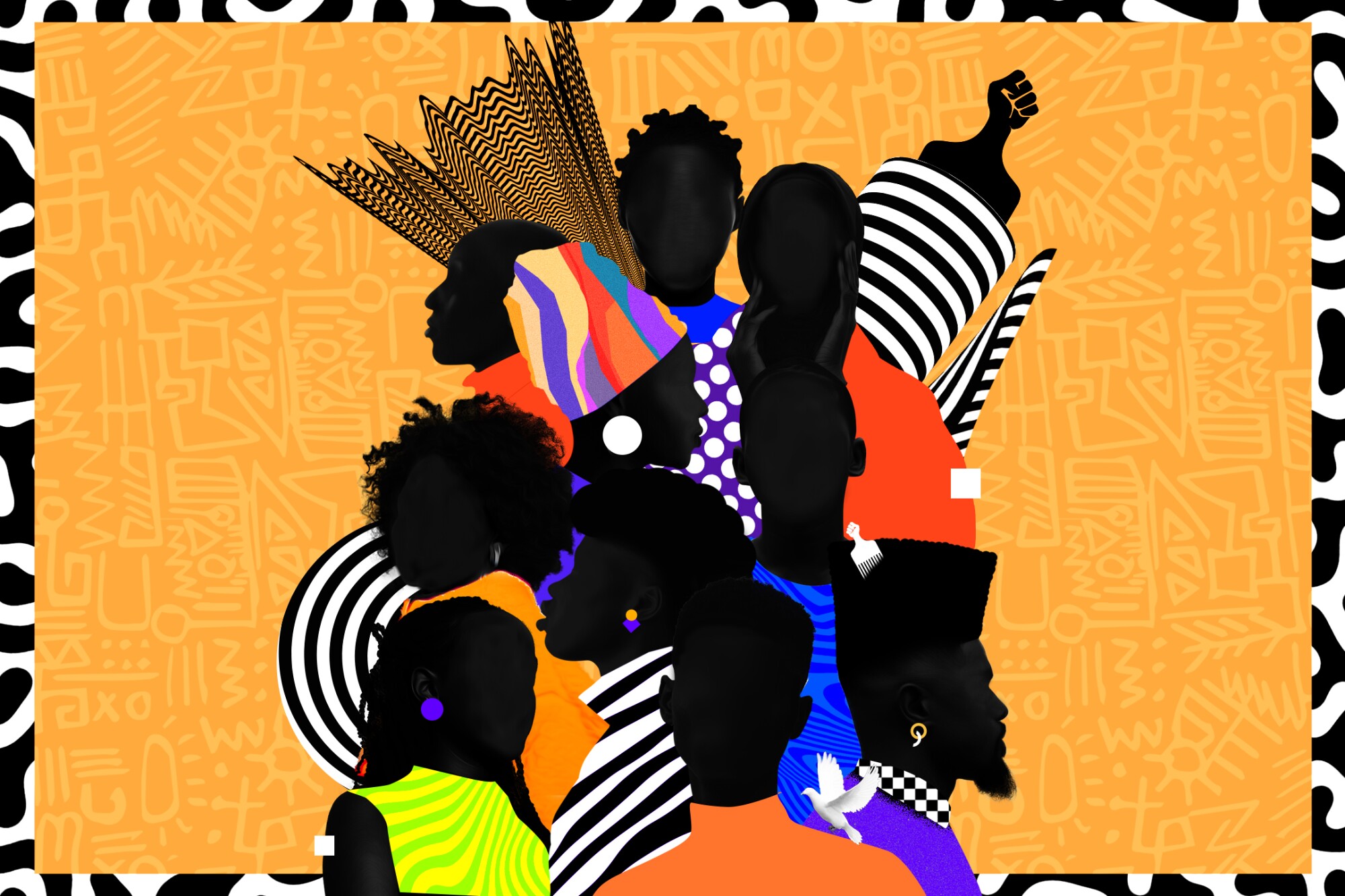 A colorful illustration featuring silhouettes of Black people