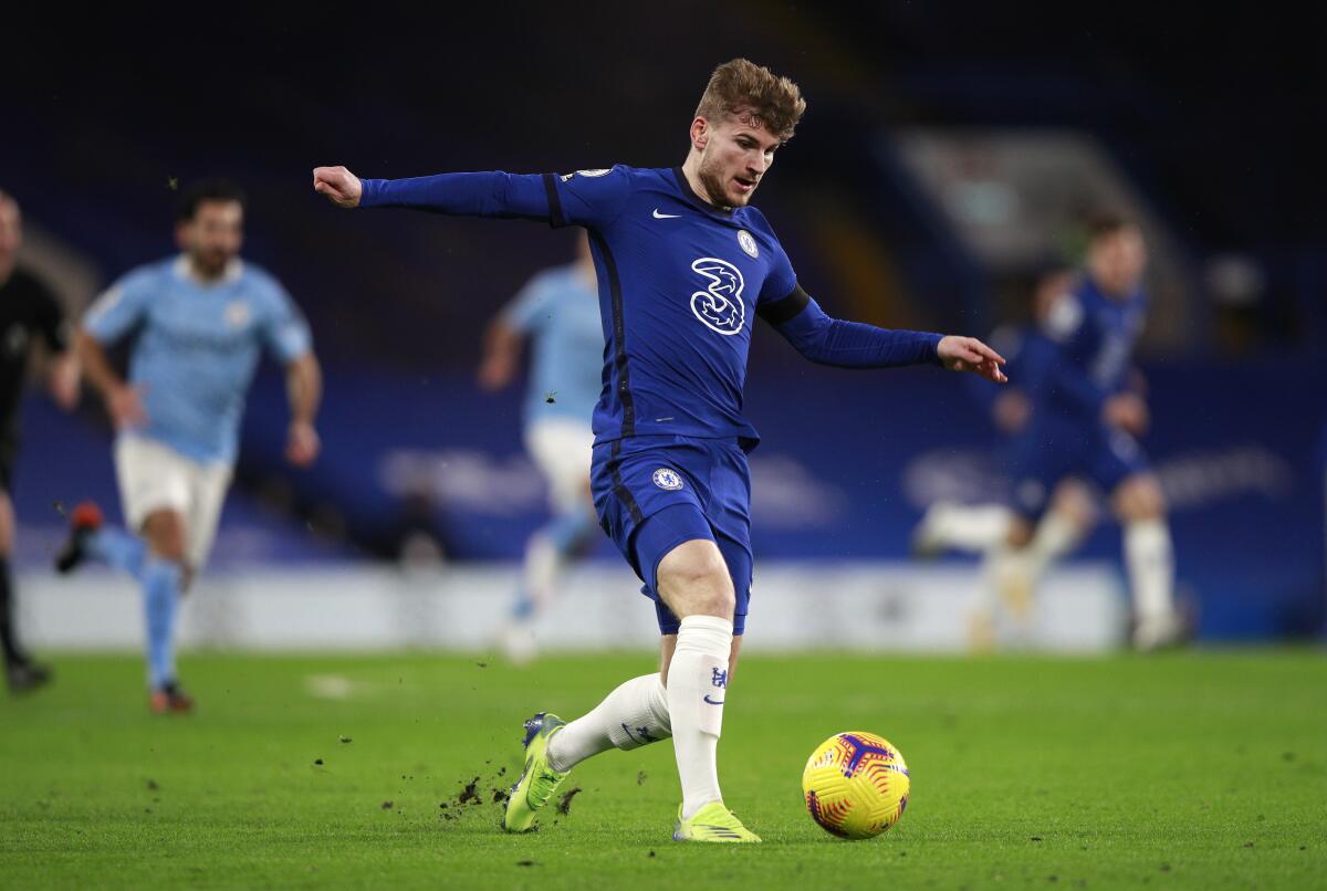 Chelsea's Timo Werner controls the ball during the English Premier League soccer match between Chelsea and Manchester City at Stamford Bridge, London, England, Sunday, Jan. 3, 2021. (AP Photo/Ian Walton/Pool)