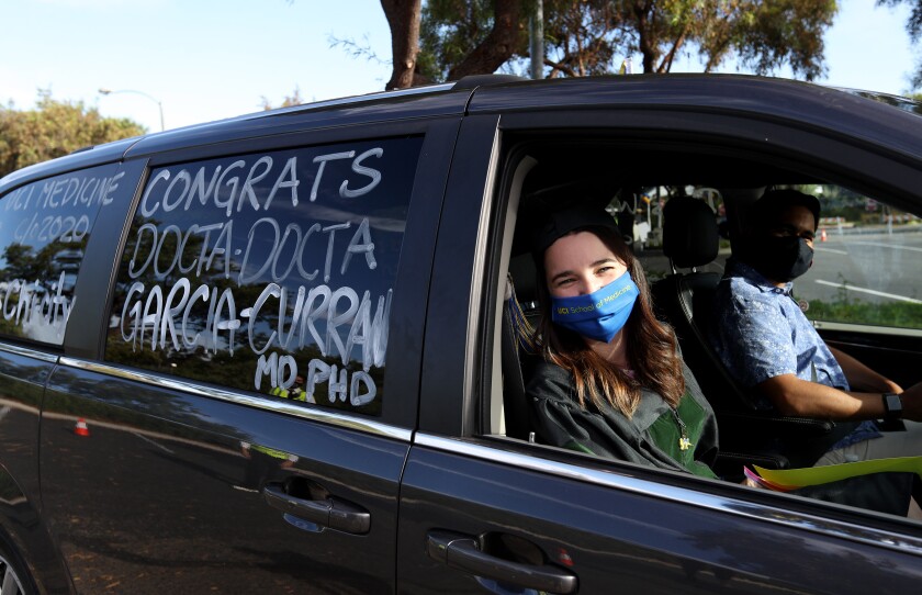 Megan Garcia-Curran smiles at UC Irvine School of Medicine class of 2020 commencement ceremony.