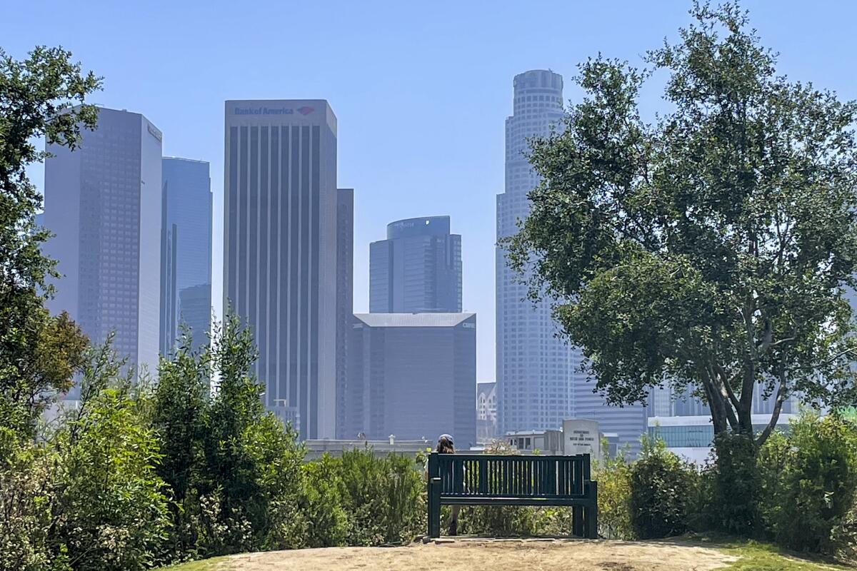 Skyscrapers in downtown Los Angeles as seen from Vista Hermosa Park.