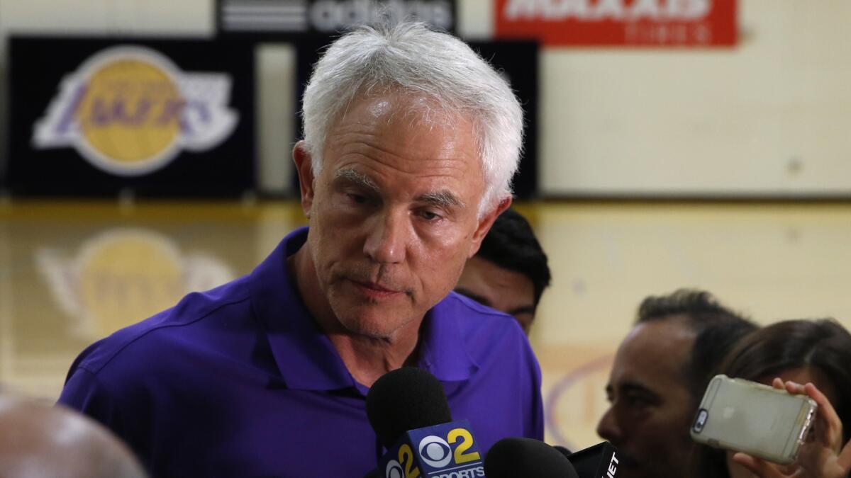 Lakers General Manager Mitch Kupchak speaks to reporters about prospect Jahlil Okafor following the Duke star's workout in El Segundo on June 9.