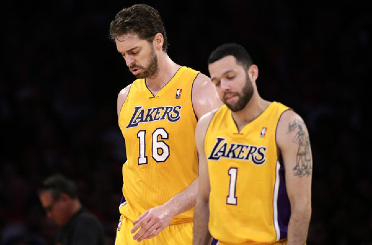 The futures of Lakers veterans Pau Gasol (16) and Jordan Farmar (1) are in doubt as the season winds down. Gasol because of his potentially hefty salary and Farmar because of recurring injuries.