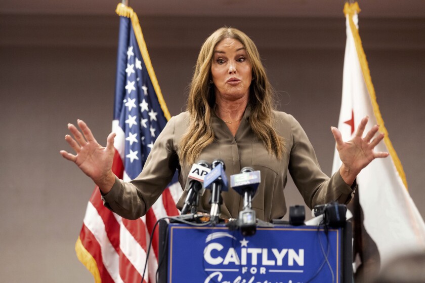 Caitlyn Jenner, Republican candidate for California governor, speaks during a news conference on Friday, July 9, 2021, in Sacramento, Calif. Jenner said she is a serious candidate and asserted she is leading the field of Republican candidates, even though no independent polling has been that shows that. . (AP Photo/Noah Berger)