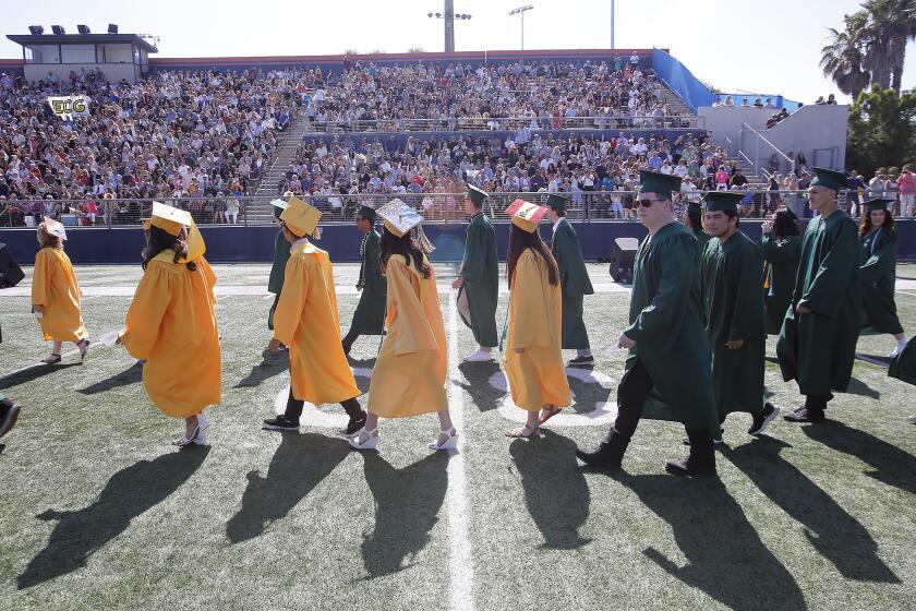 Edison High School graduates enter LeBard Stadium at Orange Coast College for Thursday's Class of 2019 commencement ceremony.