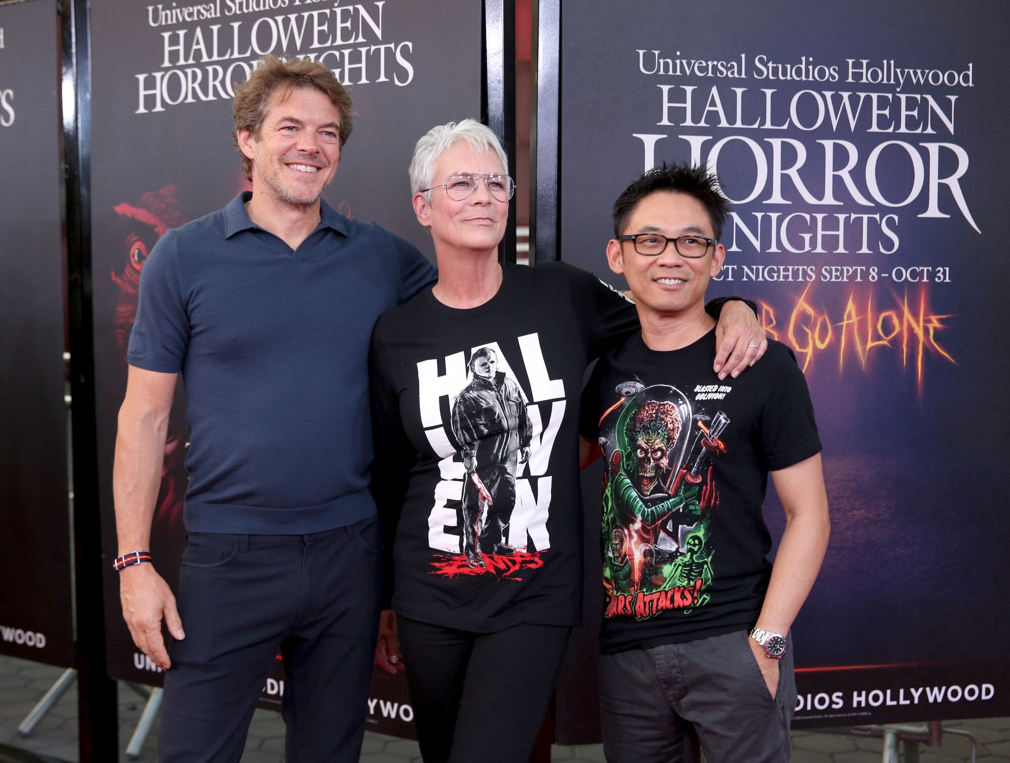 Producer Jason Blum, left, actor Jamie Lee Curtis, "Halloween Ends," center, and producer James Wan