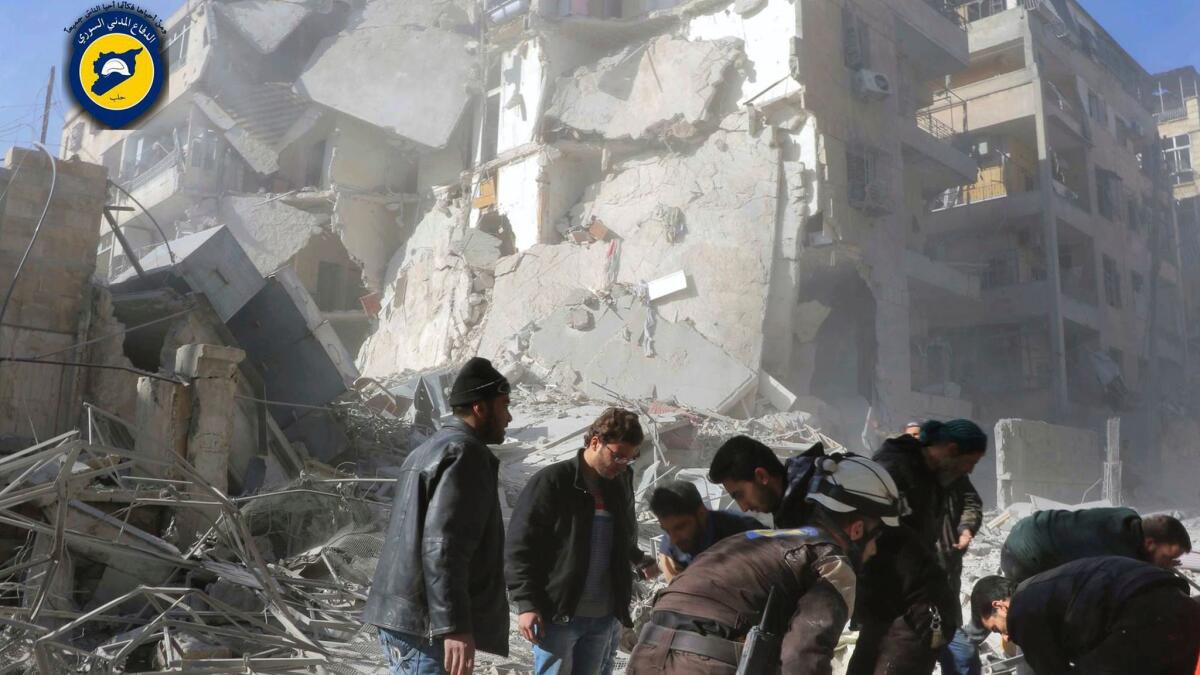 Shattered buildings on a street hit by bombing in Aleppo, Syria, on Saturday.