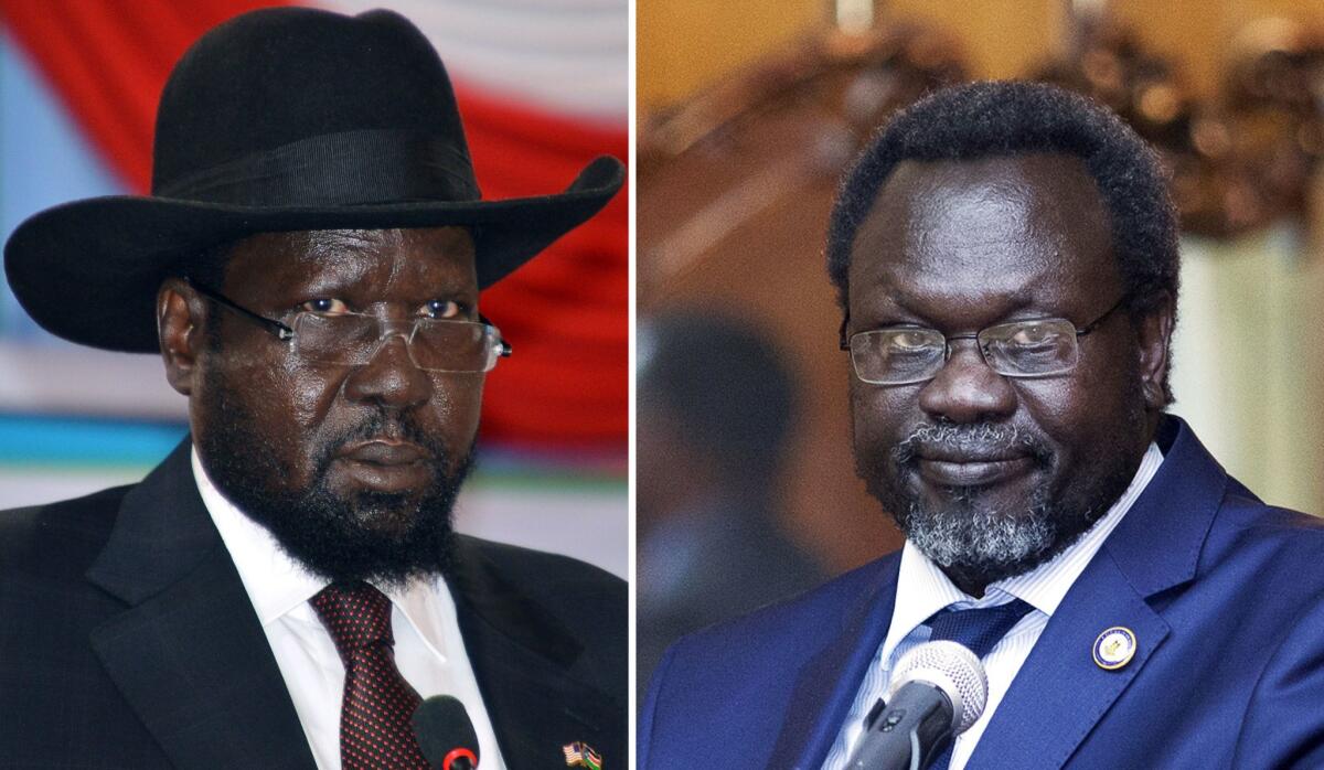 A combination of file pictures from 2014 shows South Sudanese President Salva Kiir, left, and the leader of South Sudan's largest rebel group, Riek Machar.