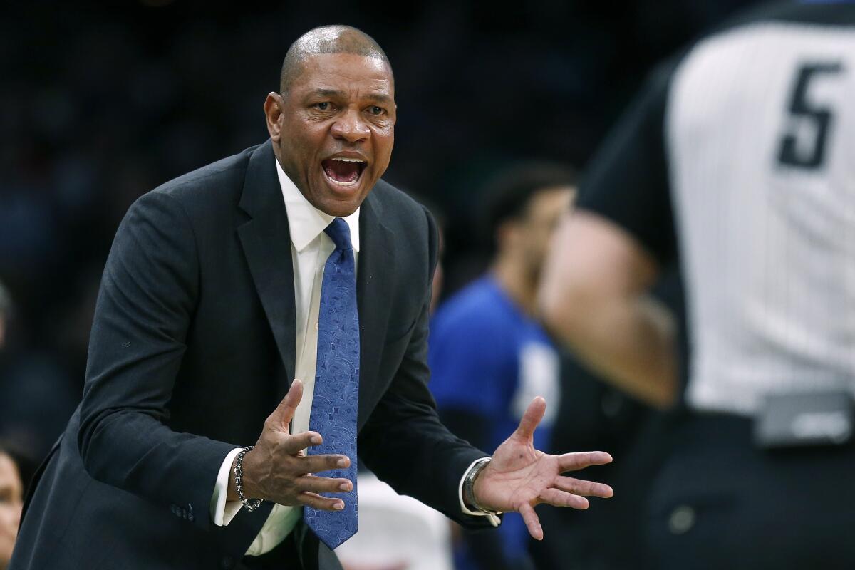Clippers coach Doc Rivers protests a call during the second half against the Boston Celtics on Feb. 9, 2019.