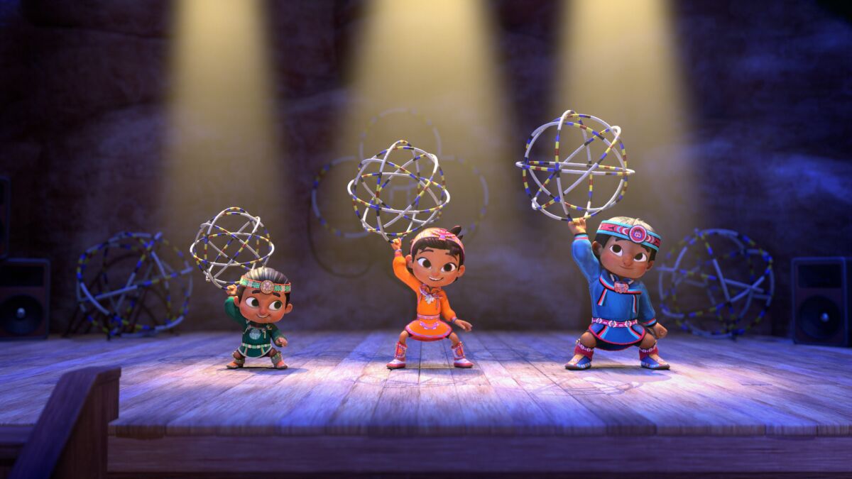 three animated children dance with hoops