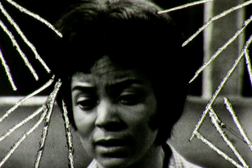 A black and white image shows performer Ruby Dee with hand-drawn lines surrounding her face