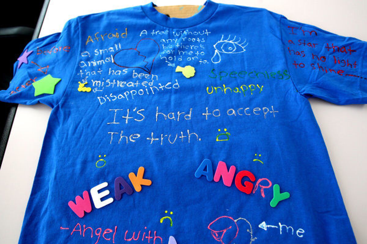 A T-shirt made by a patient at Stuart House. The program also provides long-term therapy so traumatized children can move forward in their lives.