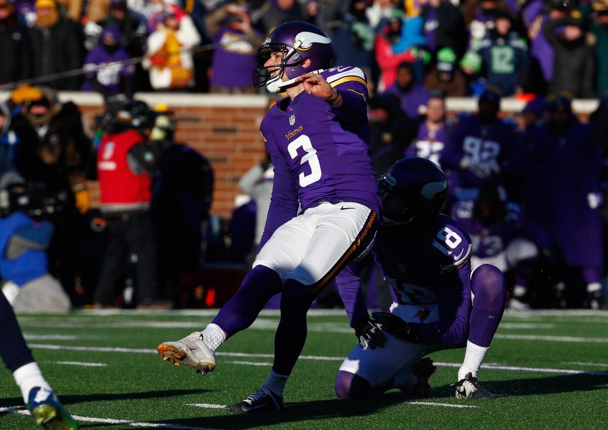 Minnesota's Blair Walsh misses a 27-yard field goal attempt in the fourth quarter against the Seattle Seahawks.
