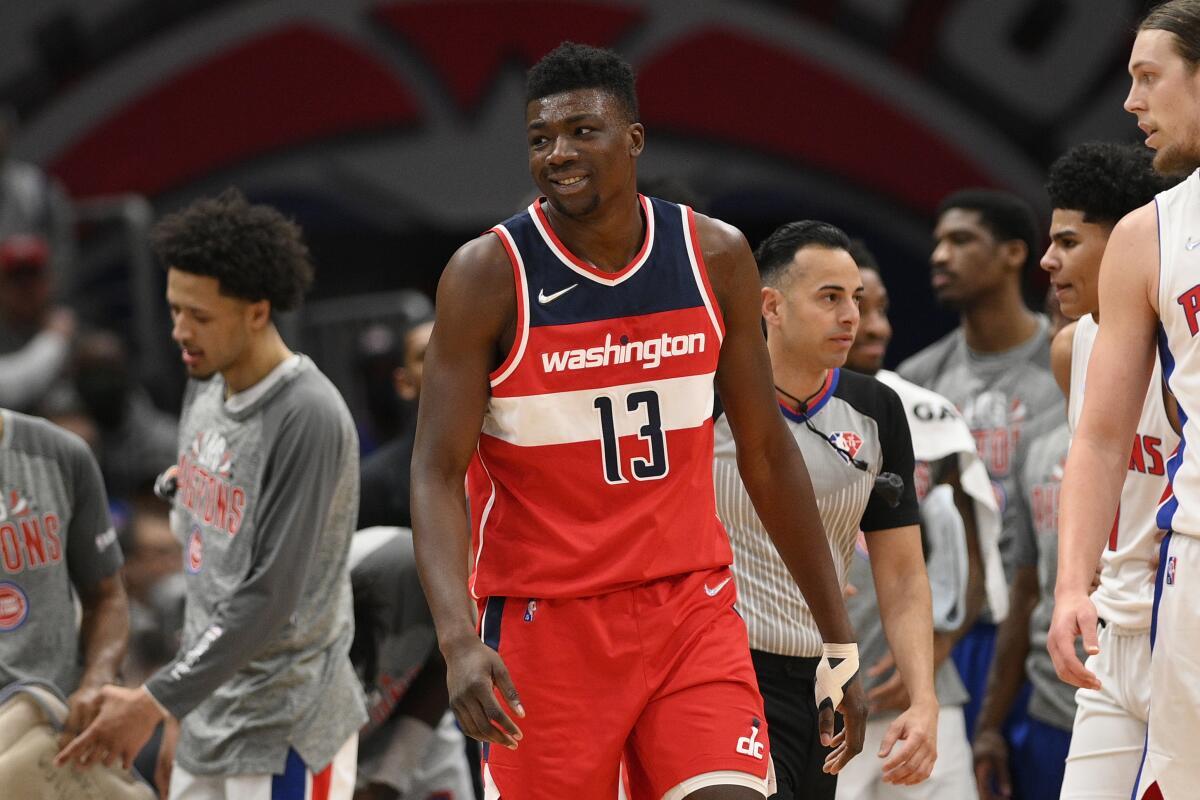 Washington Wizards center Thomas Bryant reacts.