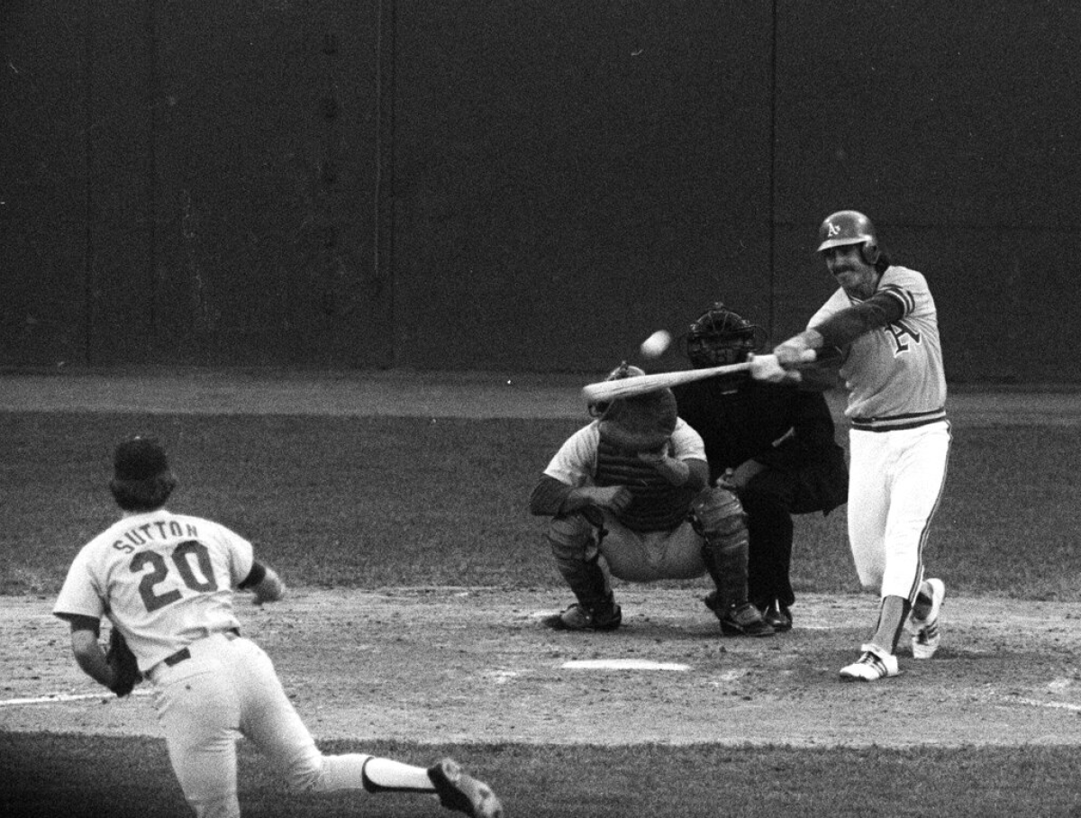 Oakland's Ray Fosse homers off Dodgers pitcher Don Sutton in Game 5 of the 1974 World Series.