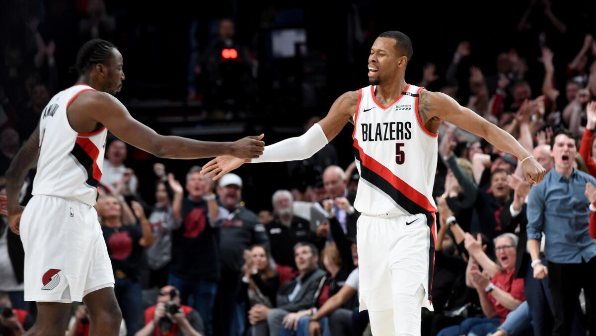 Rodney Hood (5) of the Portland Trail Blazers hits the game-winning shot during the fourth overtime of Game 3 of the Western Conference semifinals against the Denver Nuggets at Moda Center on May 03, 2019 in Portland.