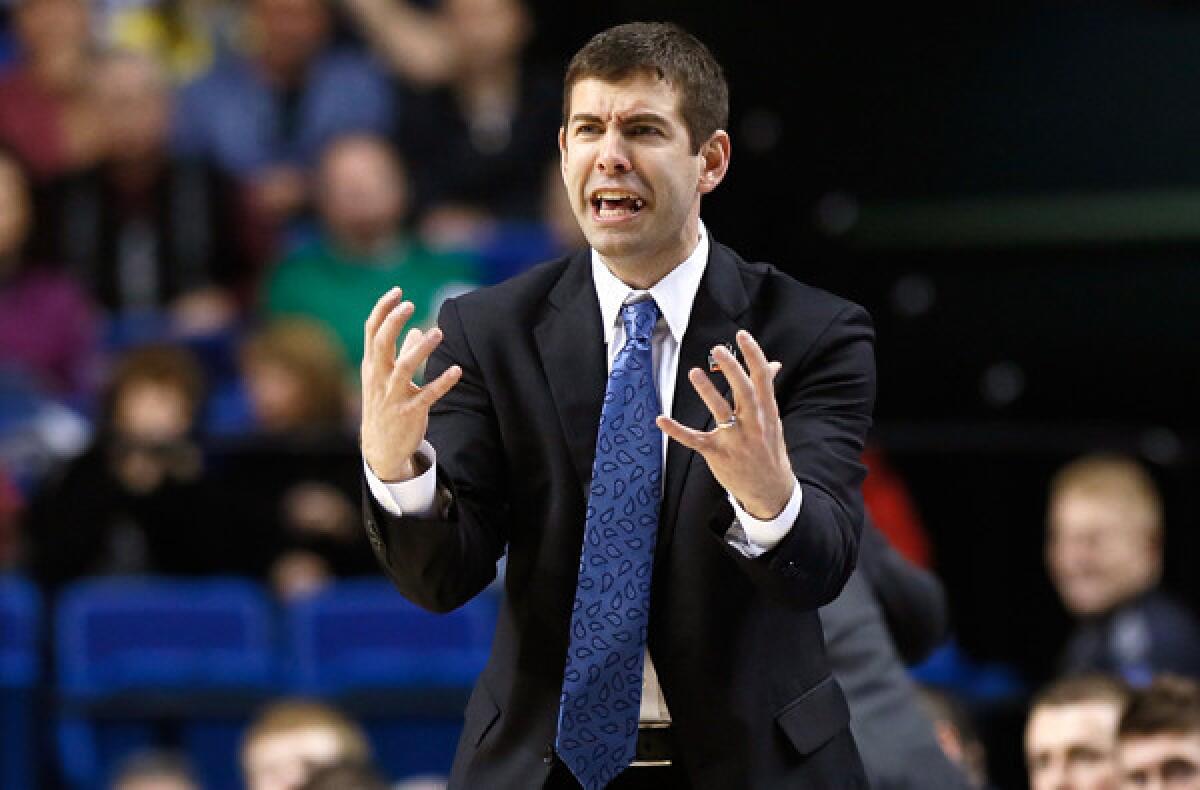Brad Stevens reacts to a call in the second half of Butler's game against Marquette in the NCAA tournament.