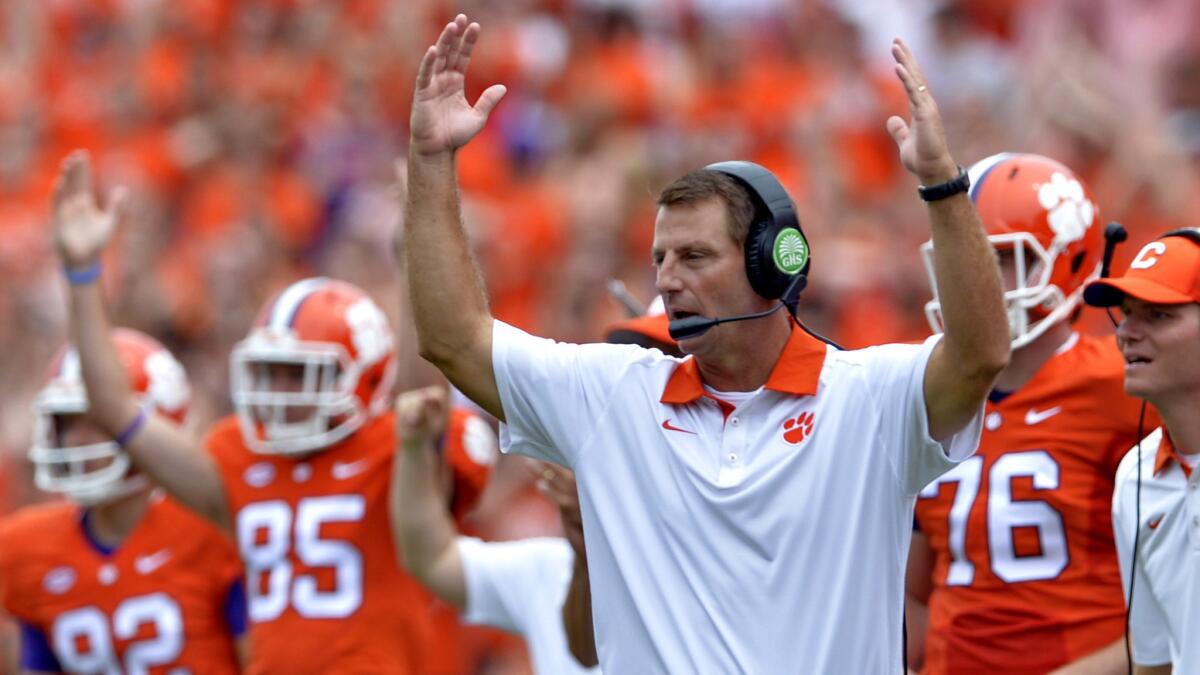 Clemson Coach Dabo Swinney reacts after the Tigers scored against Appalachian State on Sept. 12.