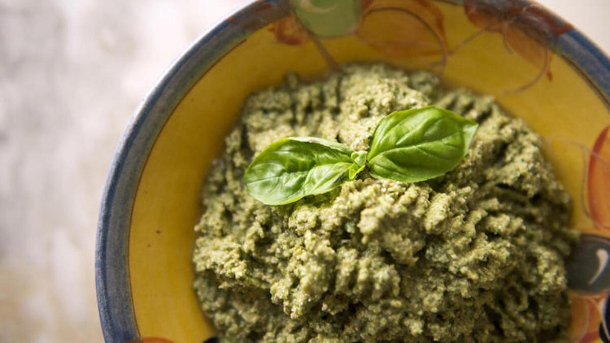 Green olive and almond tapenade with basil made by Martha Rose Shulman.