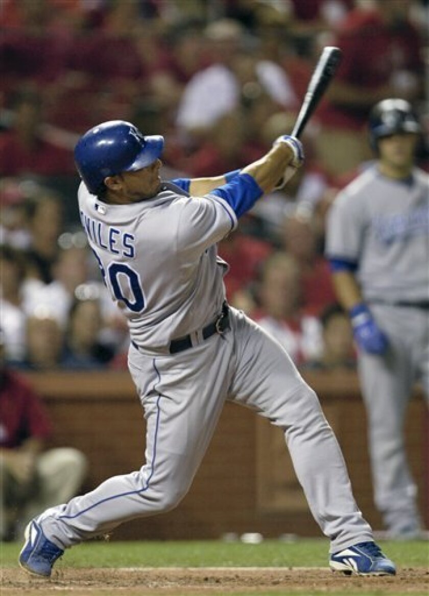 Kansas City Royals' Mike Aviles follows through on a solo home run in the eighth inning against the St. Louis Cardinals in a baseball game Tuesday, June 17, 2008, in St. Louis. (AP Photo/Tom Gannam)