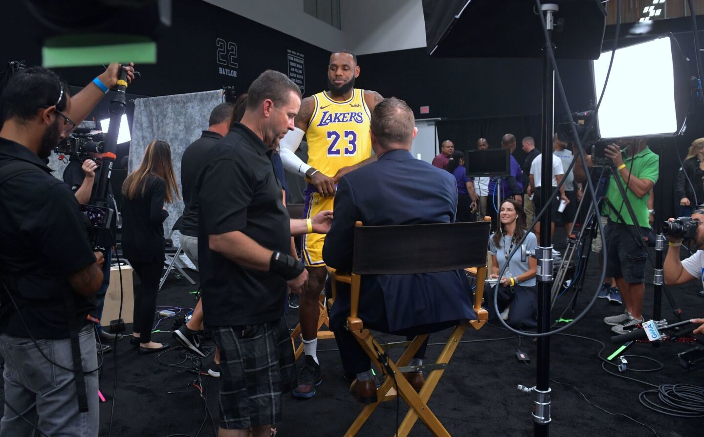 LeBron James looks on after an intervew during the Los Angeles Lakers Media Day event in Los Angeles, California, September 24, 2018. - The Lakers open their 2018 NBA season in Portland on October 18th. (Photo by Frederic J. BROWN / AFP)FREDERIC J. BROWN/AFP/Getty Images ** OUTS - ELSENT, FPG, CM - OUTS * NM, PH, VA if sourced by CT, LA or MoD **