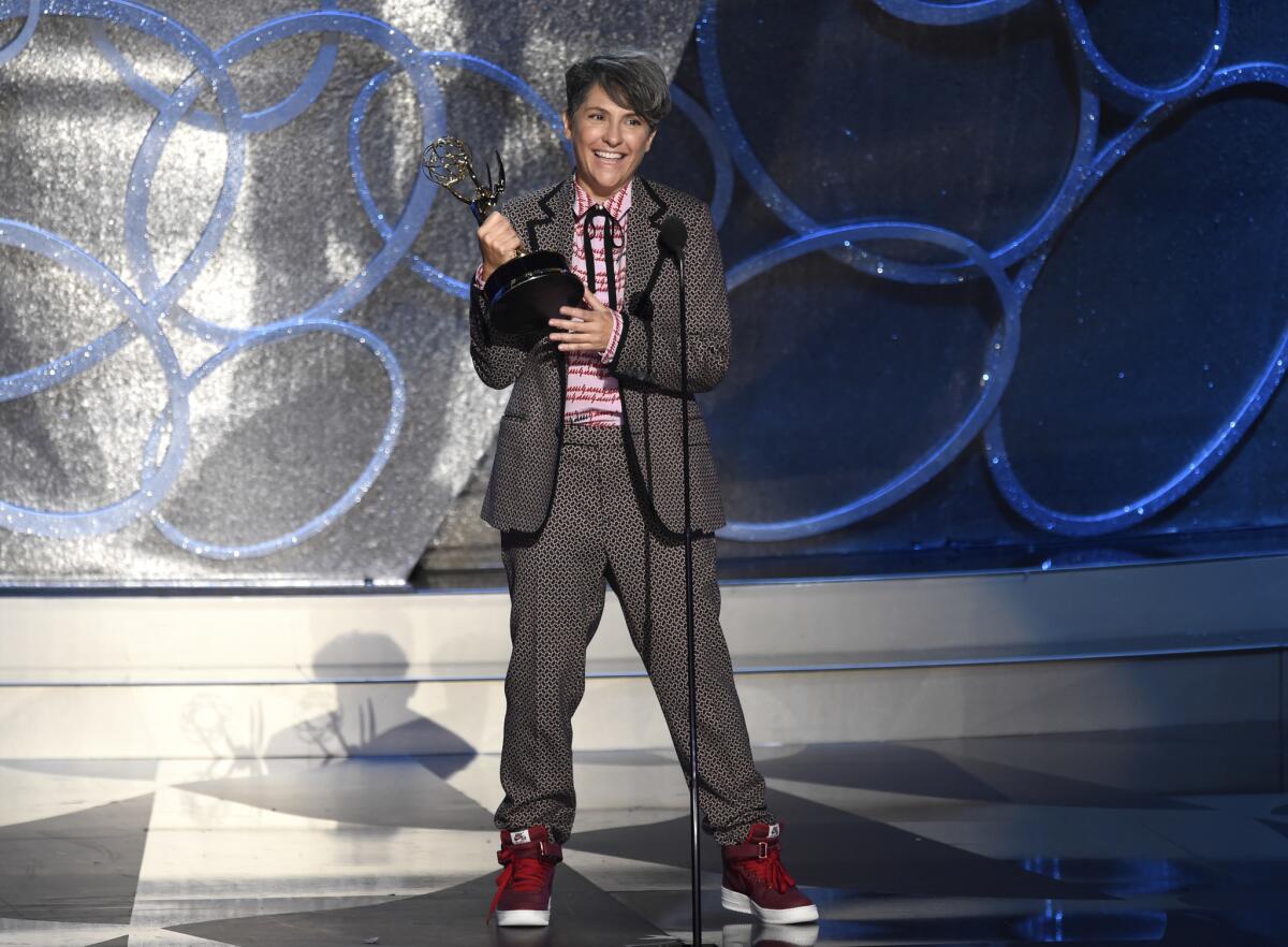 Jill Soloway accepts the Emmy for outstanding directing for a comedy series for “Transparent” on Sunday at the Microsoft Theater in Los Angeles.