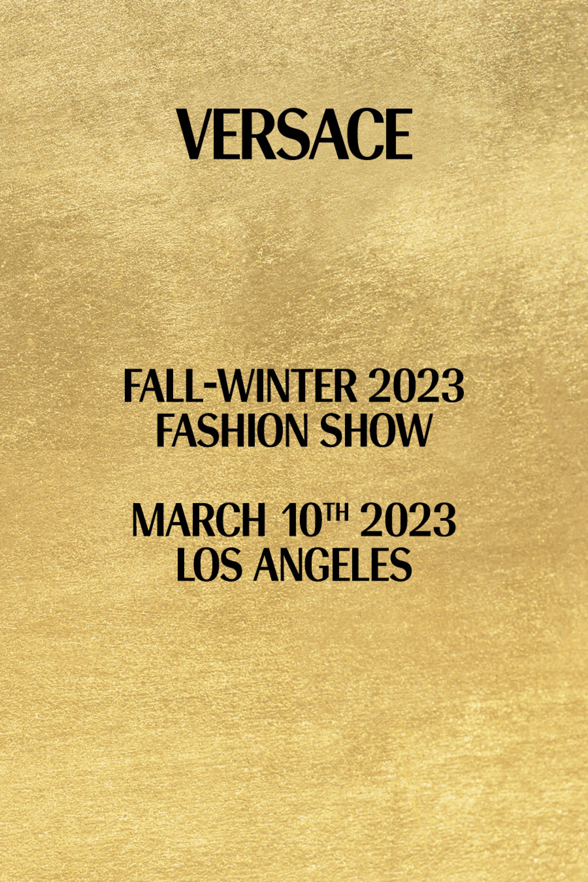 A gold flyer for Versace's fall-winter 2023 fashion show on March 10 in Los Angeles.