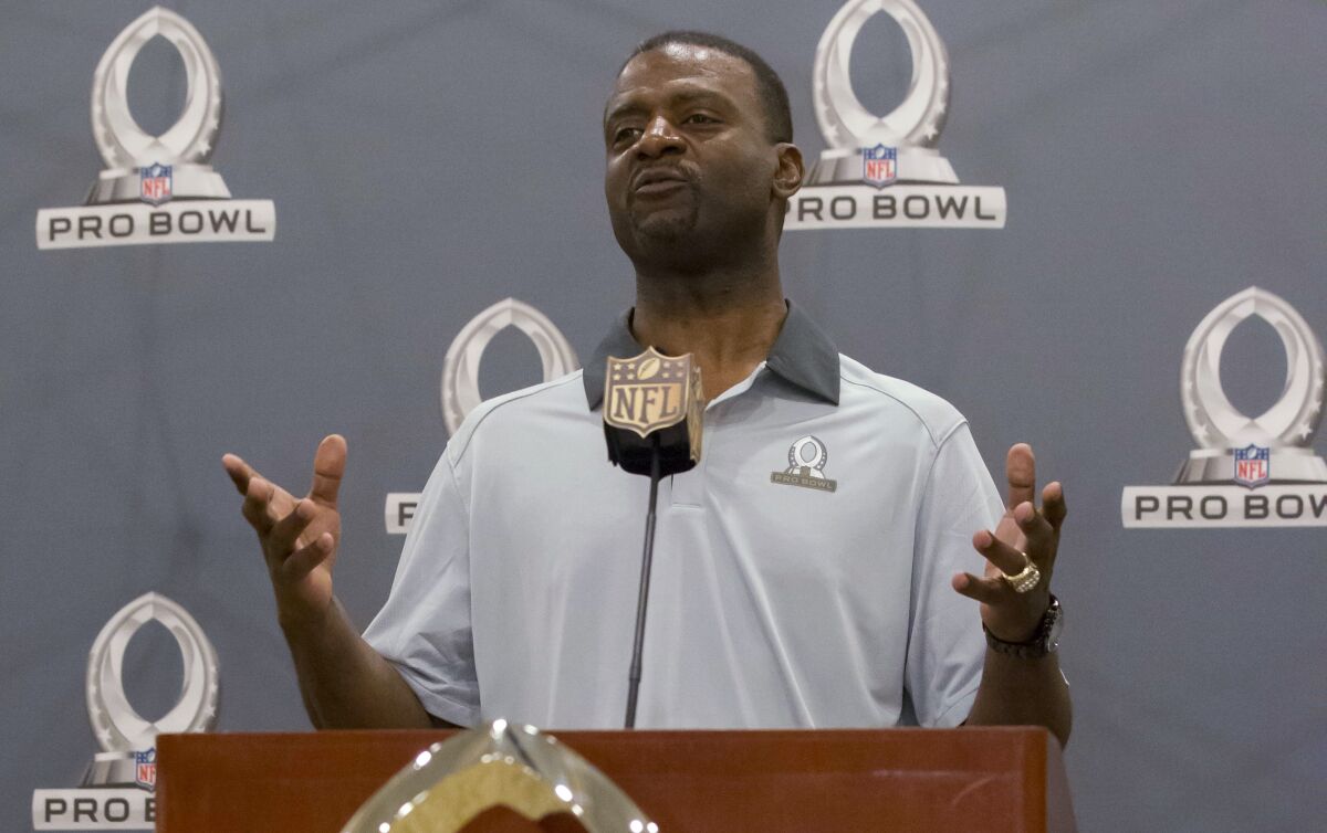 Merton Hanks, then the NFL vice president of football operations, speaks during a 2016 news conference.
