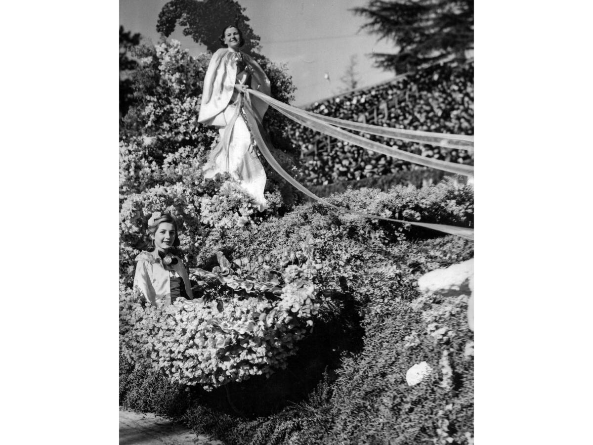 Jan. 1, 1937: Tournament of Roses queen Nancy Bumpus on float with the theme "The Romance of the Rose."