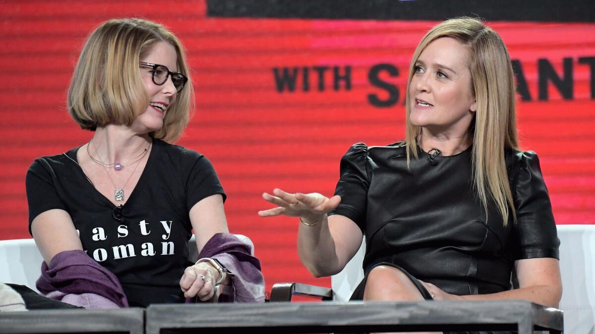 Executive producer/showrunner/writer Jo Miller, left, and host/executive producer Samantha Bee of "Full Frontal with Samantha Bee." (Charley Gallay / Getty Images for Turner)