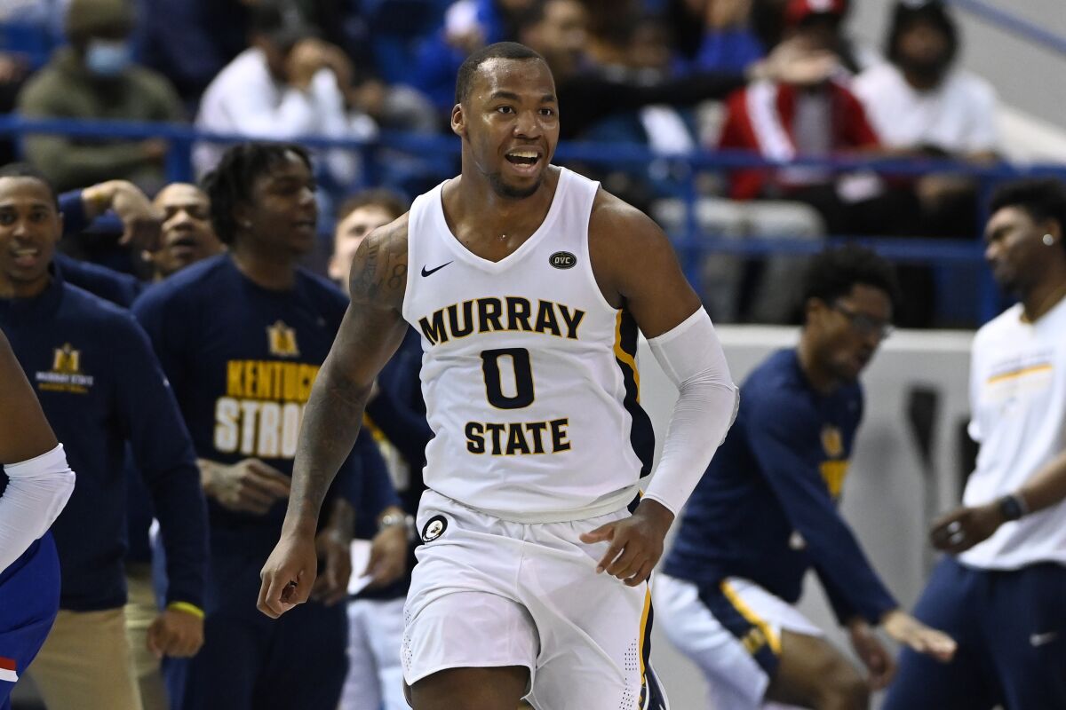FILE - Murray State forward K.J. Williams (0) plays against Tennessee State during the second half of an NCAA college basketball game Thursday, Feb. 10, 2022, in Nashville, Tenn. Williams has matured into one of Murray State's star attractions. (AP Photo/Mark Zaleski, File)