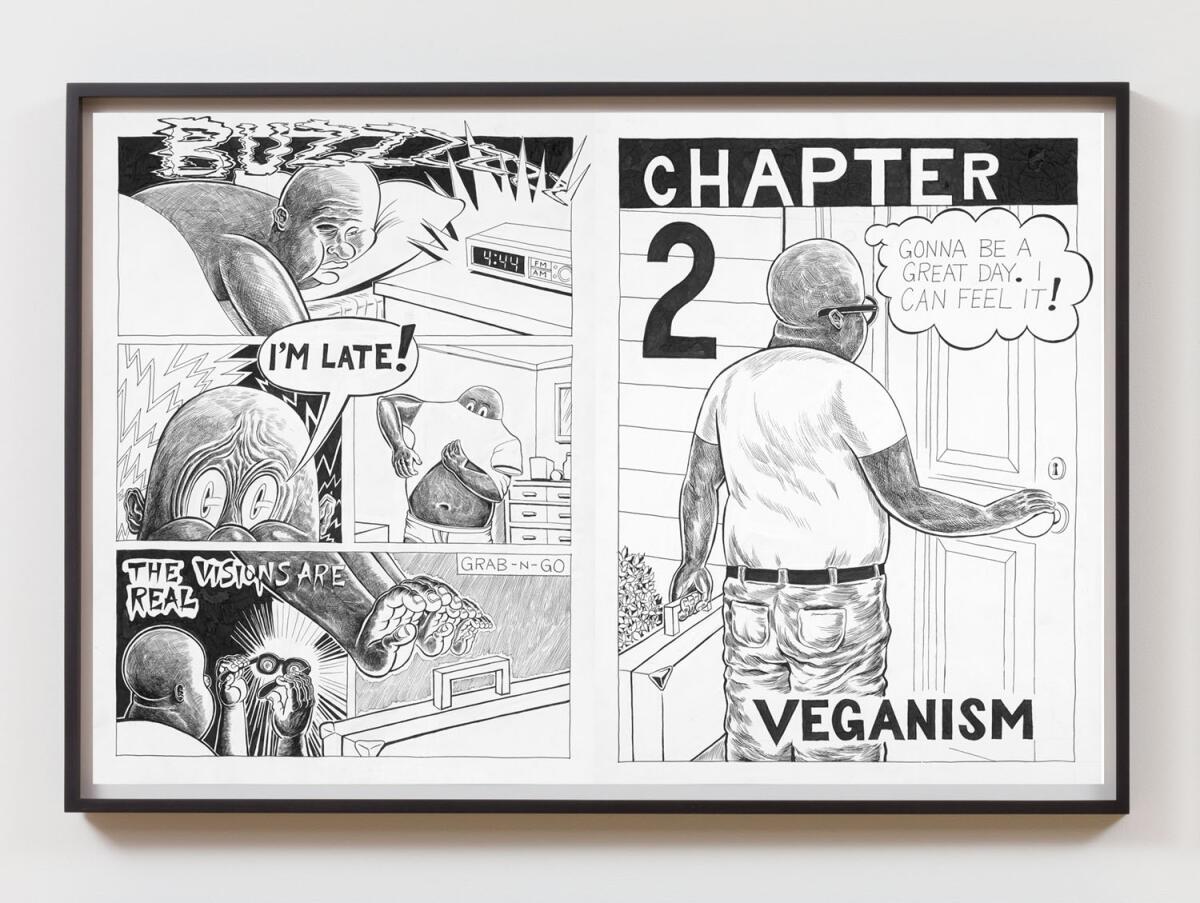 A pair of framed comic book pages feature a man at a doorway and the word "Veganism."
