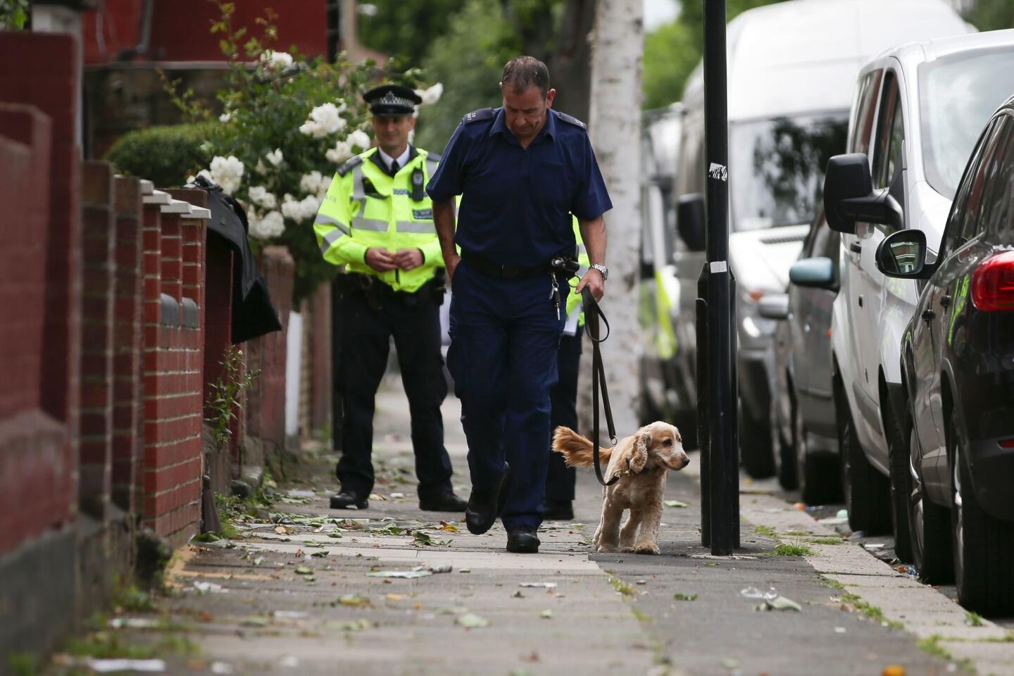 A police dog handler arrives to work during an attacks-related investigation at a residential property in east London on June 5.