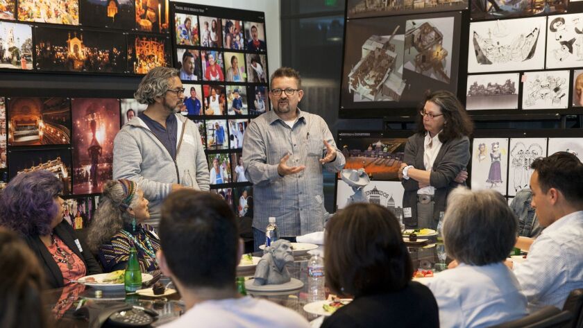 Members of the Latino community visit Pixar Animation Studios on May 12, 2016, for a roundtable session with Coco filmmakers. Creative consultants are (L-R)Octavio Solis, Lalo Alcaraz and Marcela Davison Aviles.