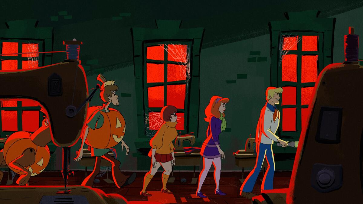 A cartoon image depicting characters walking in a line.